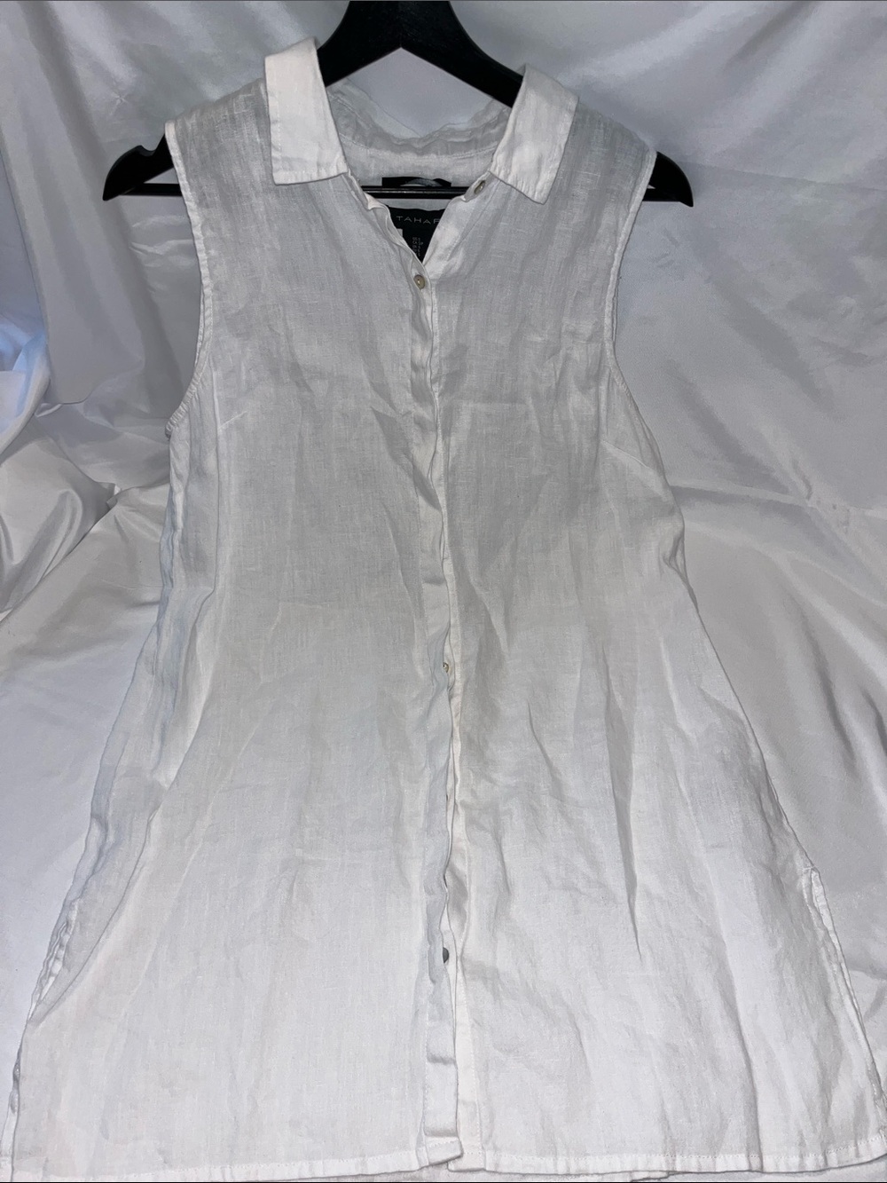 Tahari Sleeveless White Linen Button-Front Top Coverup